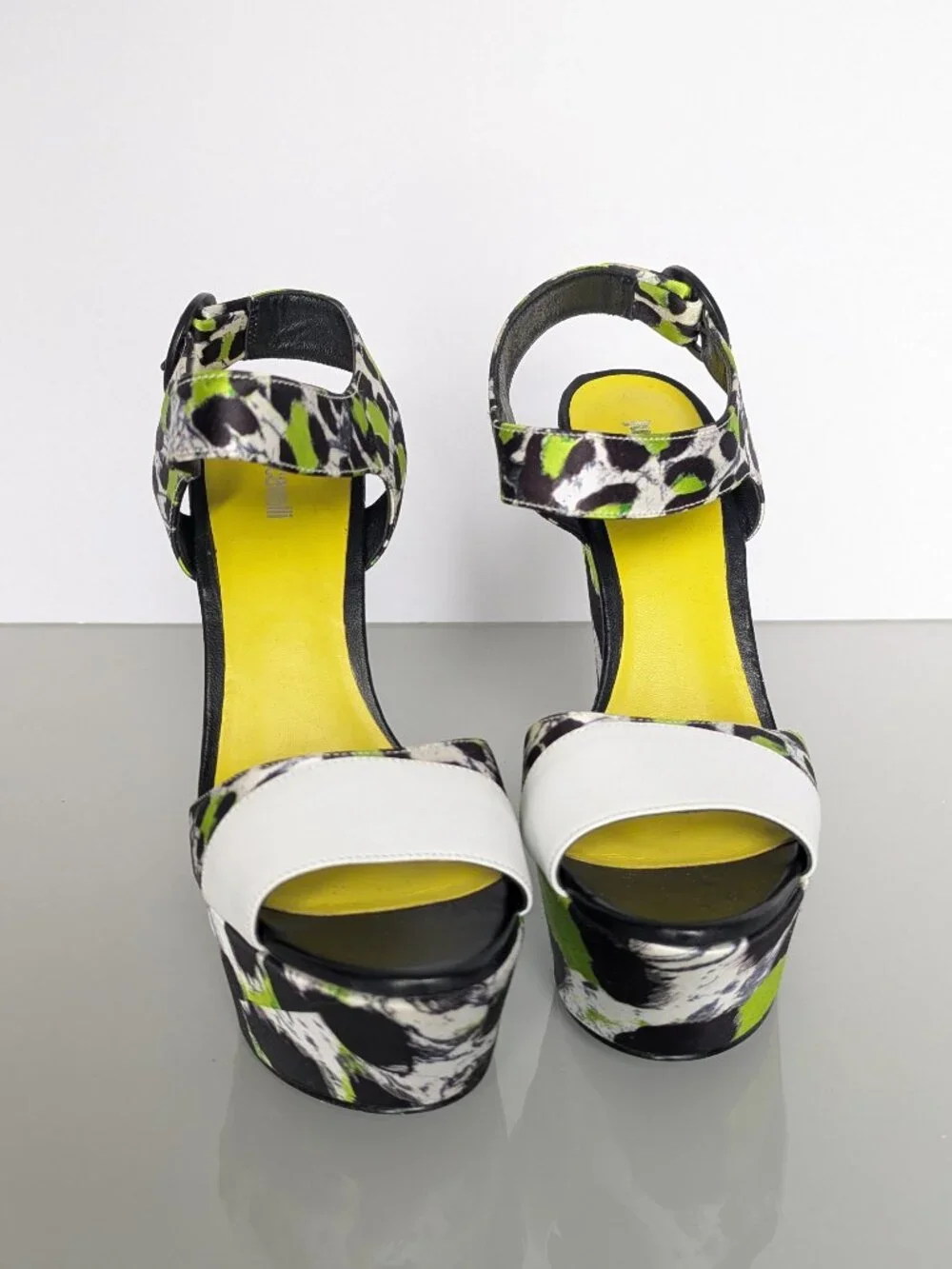 Just Cavalli Y2K Neon Black White Animal Print Open Toe Wedge Heels Size 38